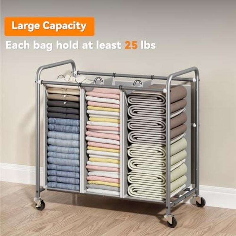 Laundry Sorter 3 Section Hamper W/ Rolling Lockable Wheels Removable Bags New