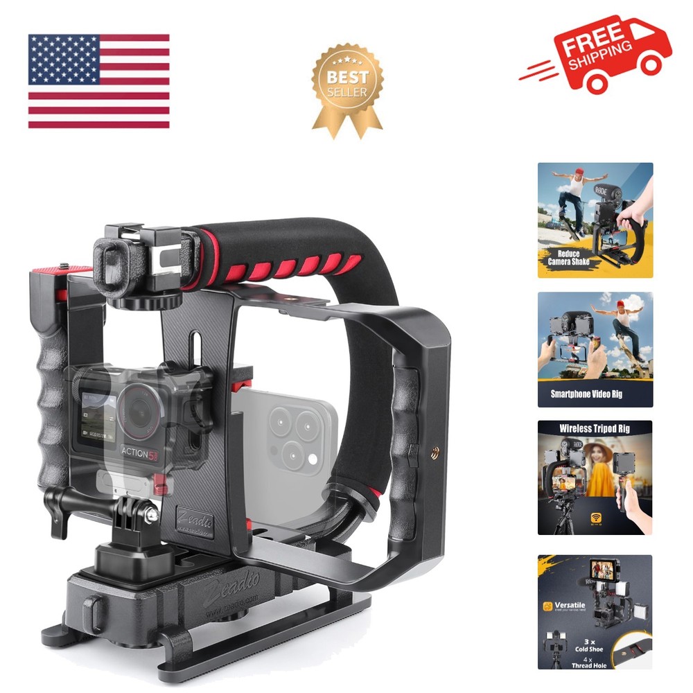 Camera Smartphone Handheld Stabilizer, Triple Cold-Shoe Handle Grip Compatibl...