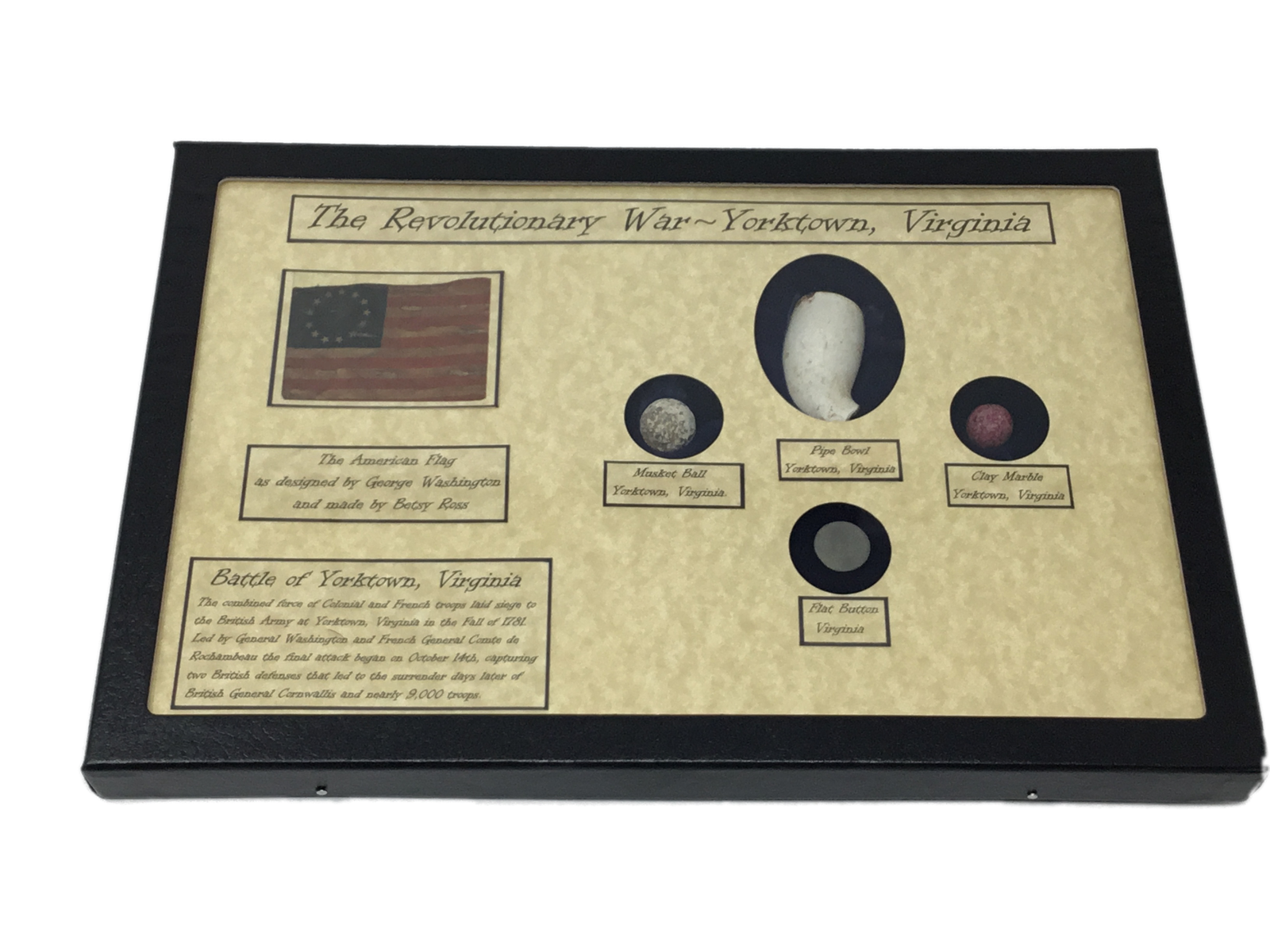 Revolutionary War Bullet, Button, Clay Pipe & Marble in Display Case with COA