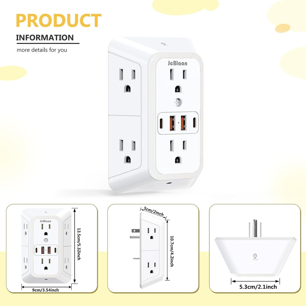 Wall Outlet Extender with Night Light, Power Plug Adapter Multi Plug Outlet Surg
