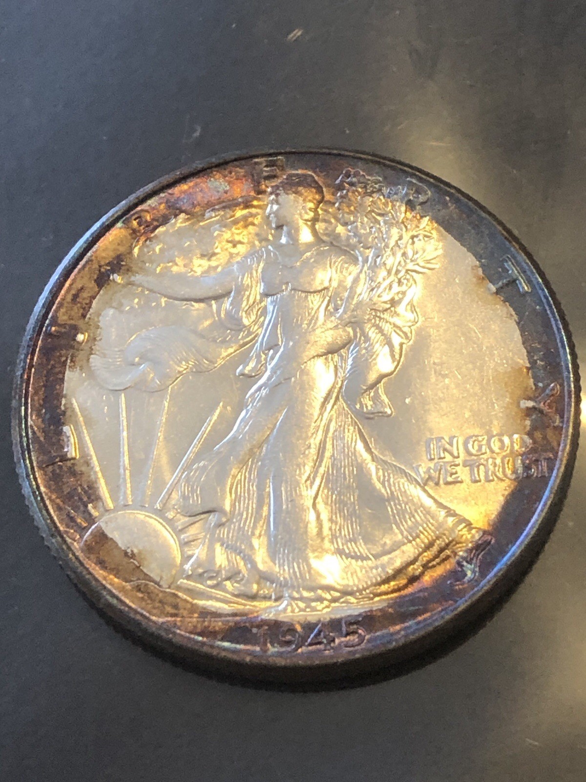 1945 W Walking Liberty Half Dollar Rainbow Toned BU