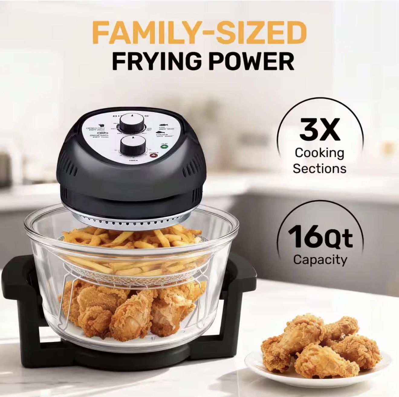 16 Qt. Black Oil-Less Air Fryer with Built-In Timer