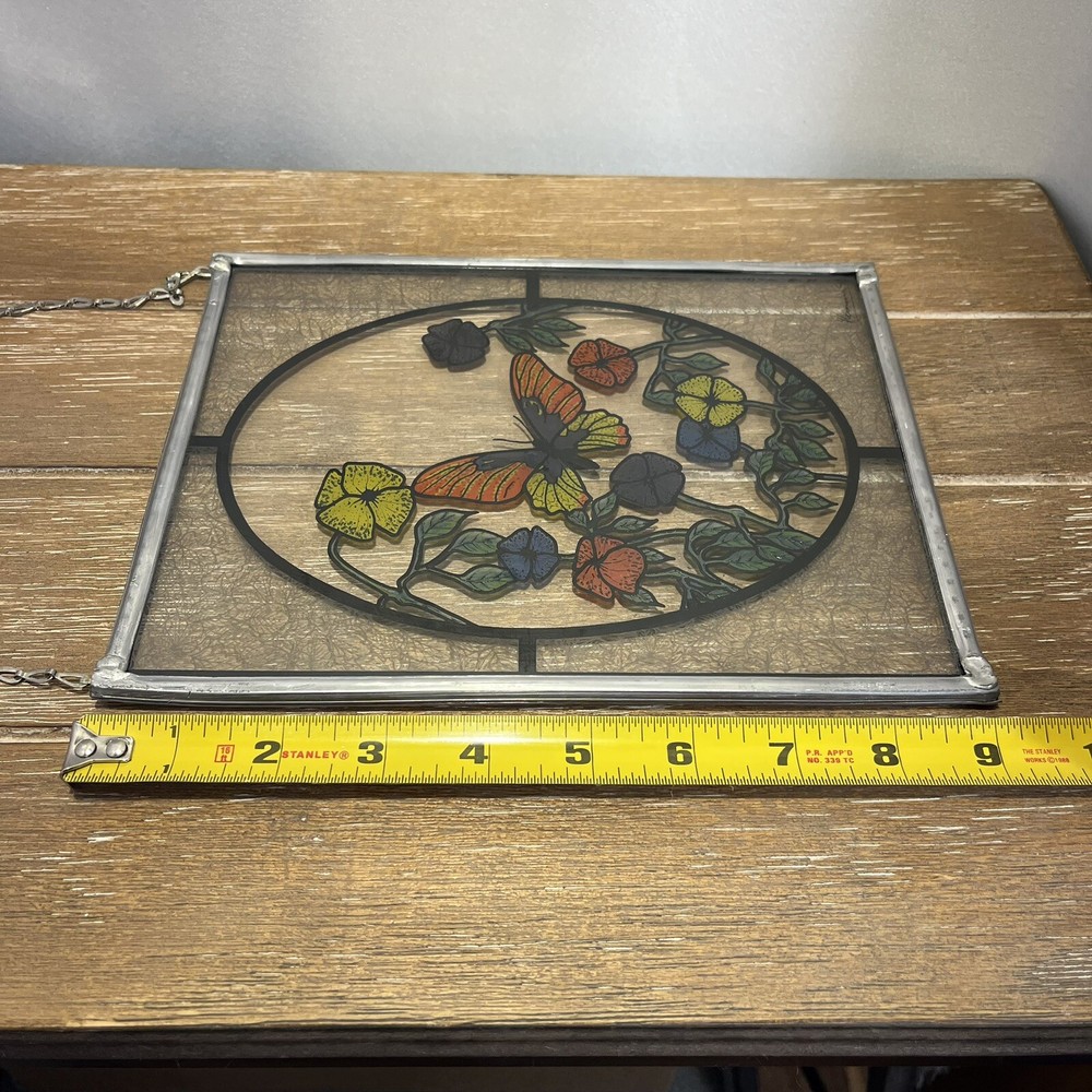 Stained Glass Wall Window Decor Flower Butterfly Signed Hand Made EUC