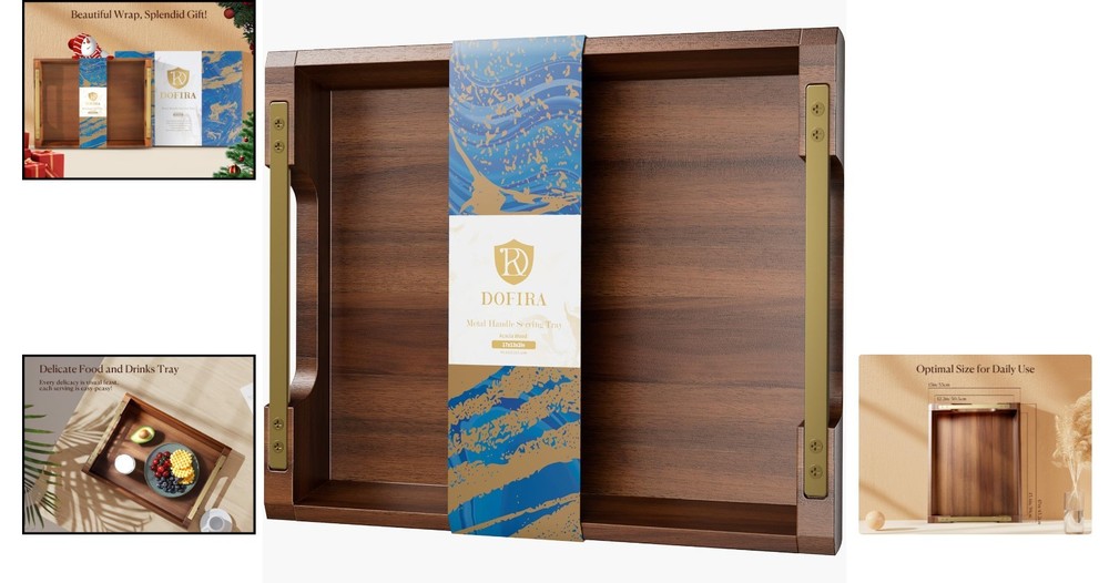 Versatile Acacia Serving Tray - 17x13in Rustic Design with Sturdy Metal Handles