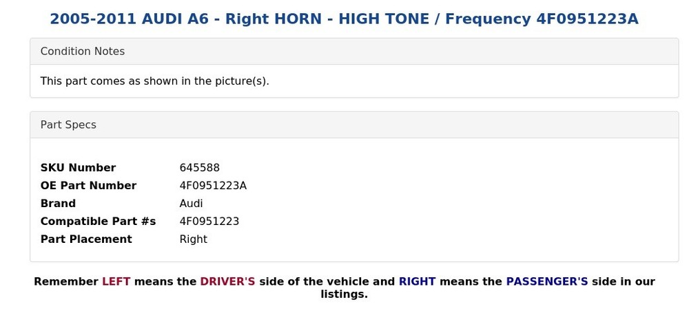 2005-2011 AUDI A6 - Right HORN - HIGH TONE / Frequency 4F0951223A