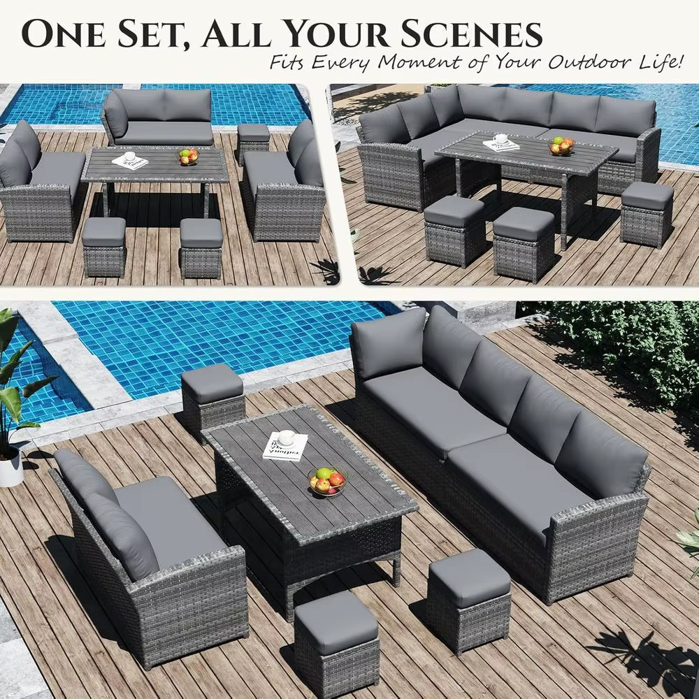 Gray Rattan Patio Furniture Set Sectional Sofa Table Chairs Ottoman Steel Frame