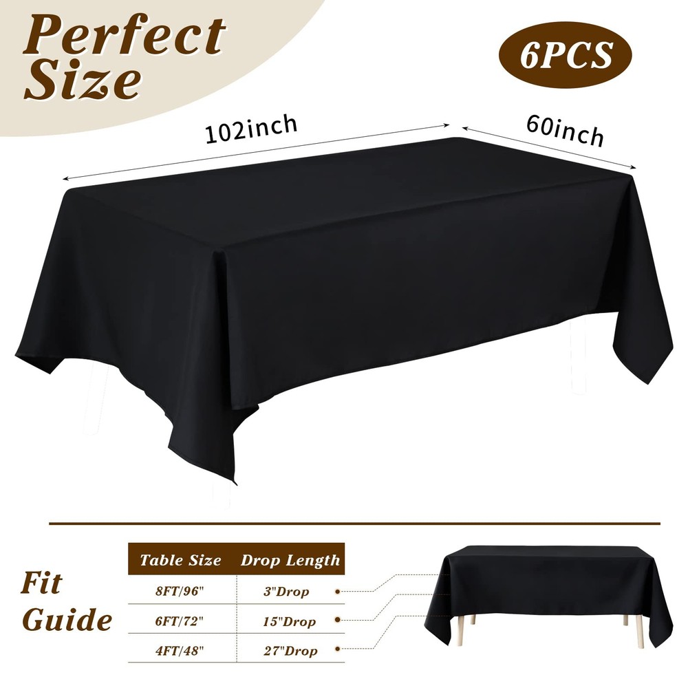 6 Pack Black Washable Polyester Table Cloths, 60 x 102 Inch, Rectangular, for...