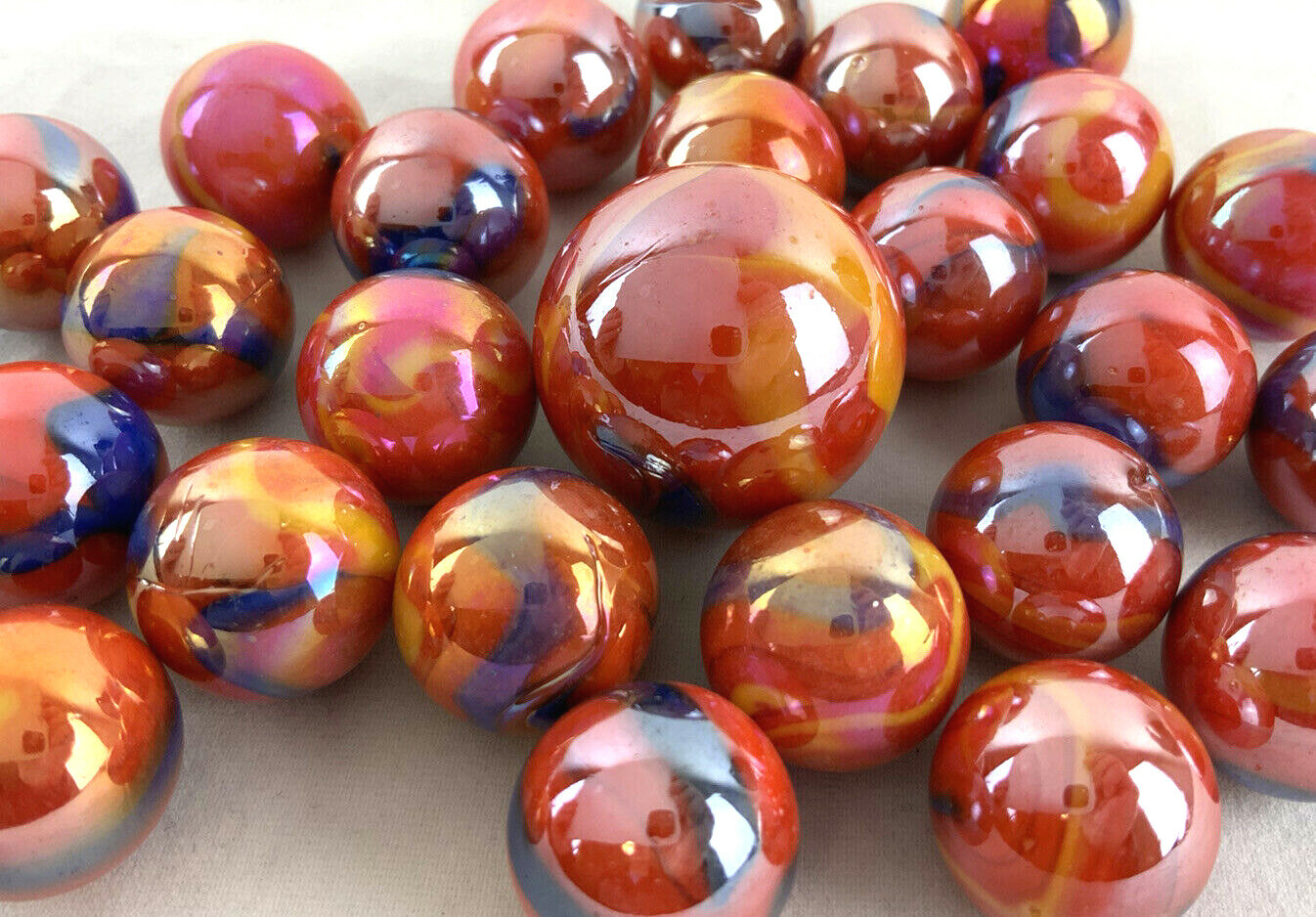 25 Glass Marbles SUPERNOVA iridescent Red Blue Yellow Game Pack Shooter