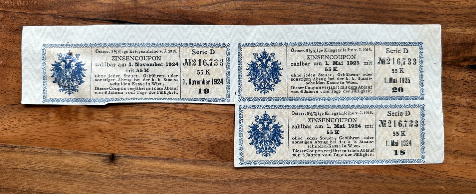 One (1) Austria 55 Kronen 5.5% war loan interest coupon (Zinsencoupon) 1924