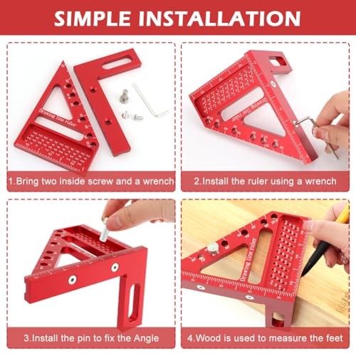 3D Multi Angle Measuring Ruler, 3D Hole Position Layout Drawing 45 and 90 Red