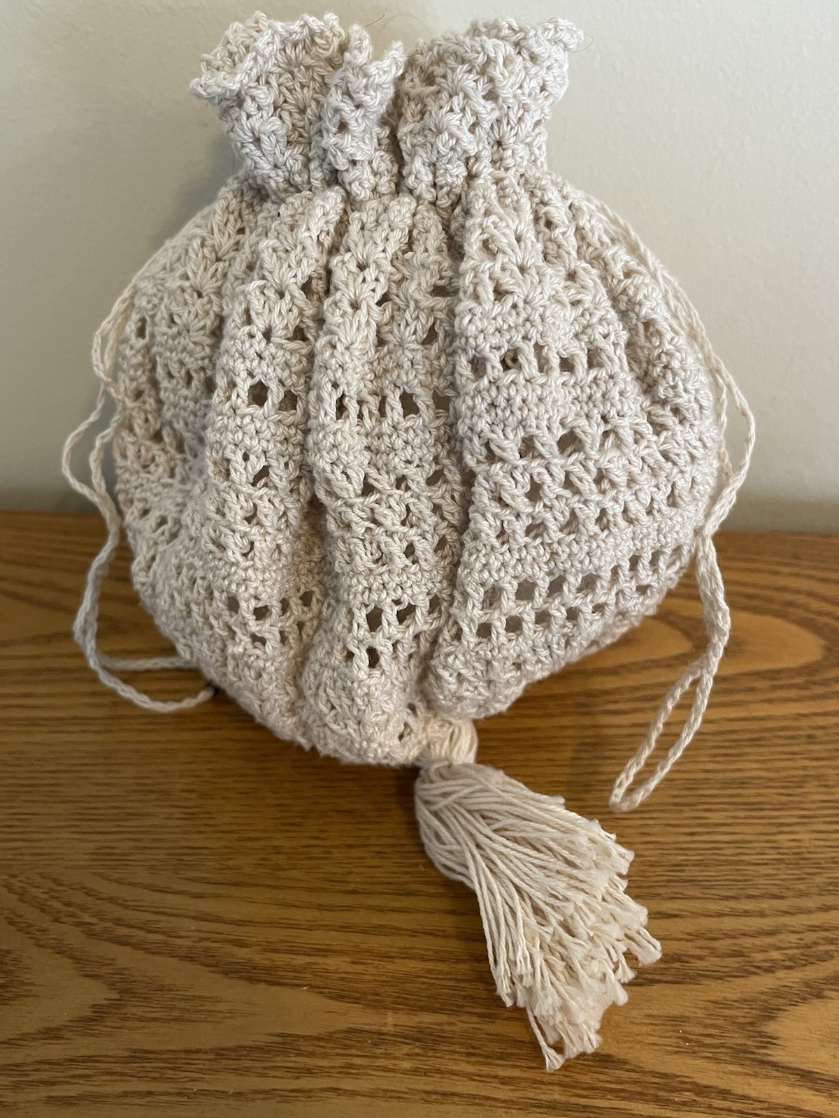 Vintage Handmade Crocheted Victorian 1800’s Reproduction Drawstring Purse Ecru