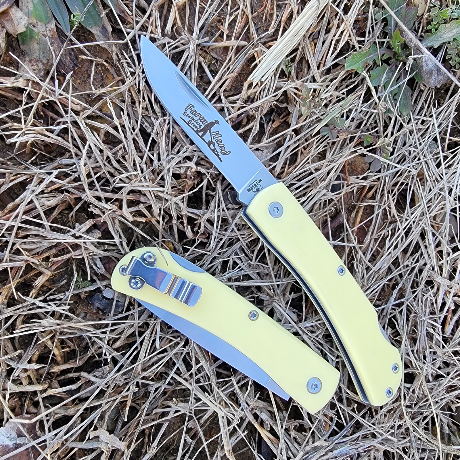 BEAR & SON CUTLERY USA YELLOW DELRIN SMALL FARMHAND LOCKBACK KNIFE STAINLESS