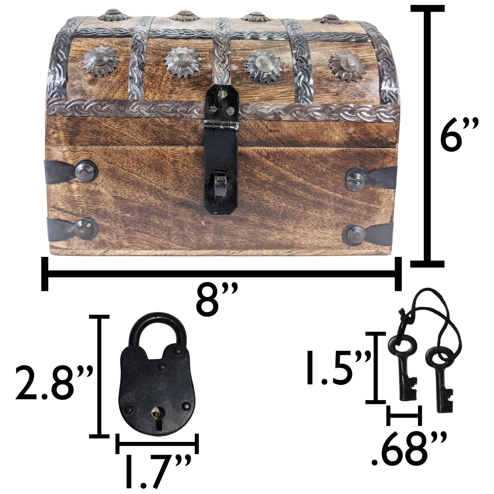 Pirate's Treasure Chest Wooden Nautical Jewelry Box with Functional Lock and Key