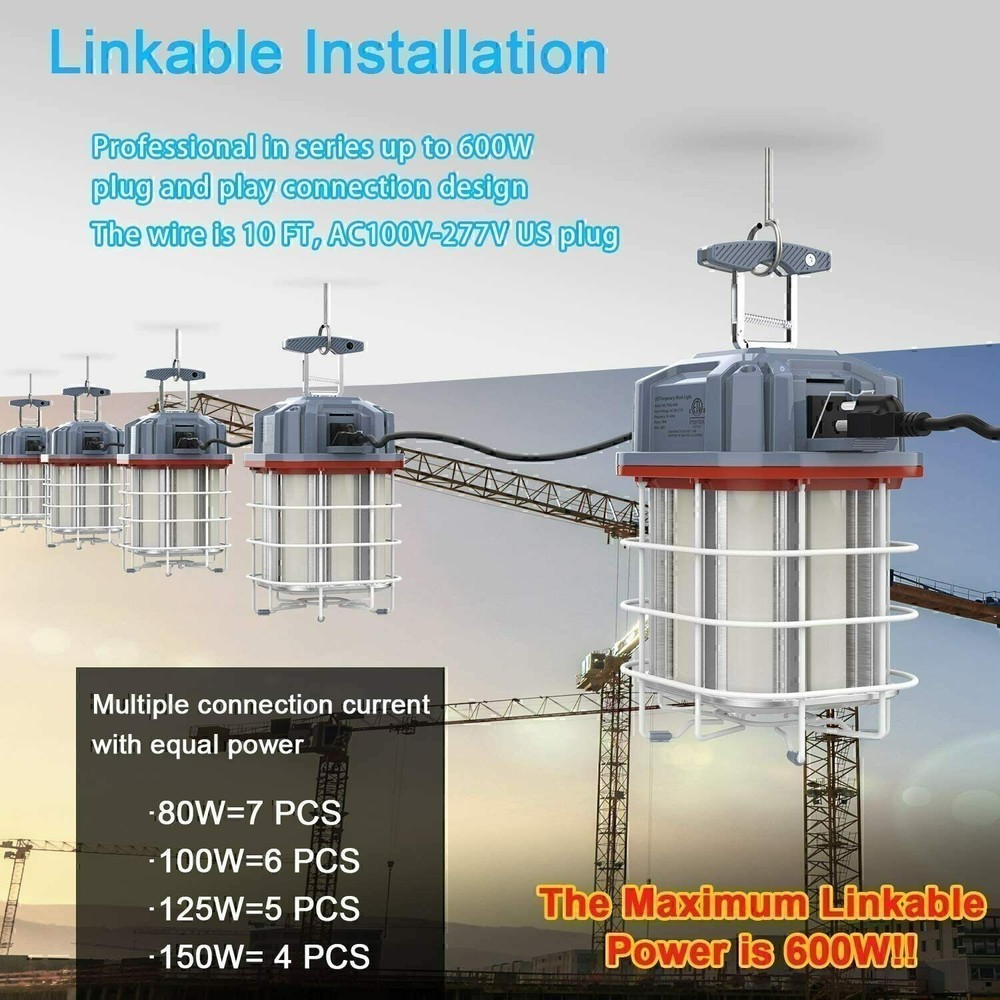 100W LED Temporary Work Light Linkable High Bay Construction Hanging Lamp 5000K