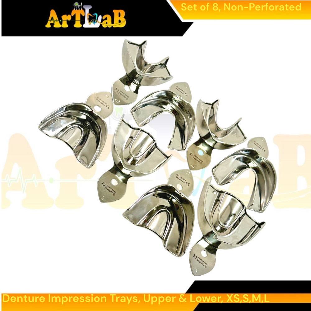 8 Pack Metal Denture Impression Tray Solid, Upper & Lower, XS+S+M+L | Stainless