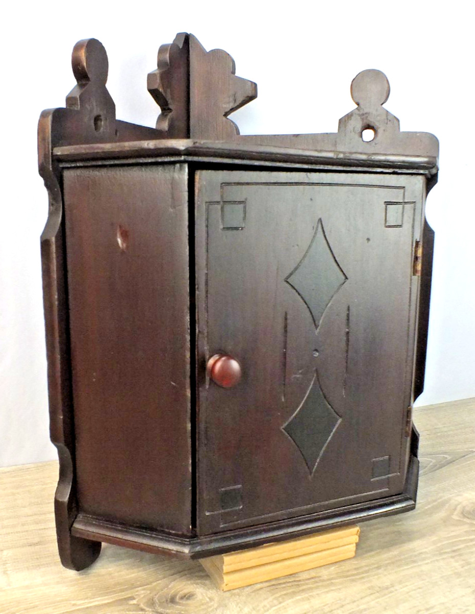 1800s Antique Wall Hung Corner Cabinet Dark Red Brown Finish w Black Highlights