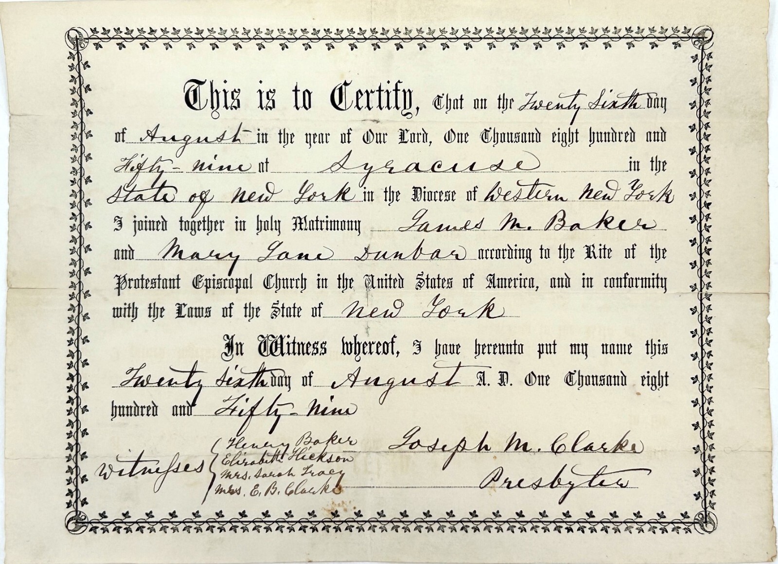 Antique Original 1859 (Pre Civil War) Marriage Certificate - Syracuse, NY