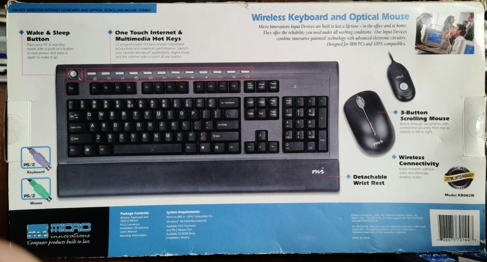Wireless Keyboard Optical Mouse Micro Innovations #KB982W Desktop *READ FULL*