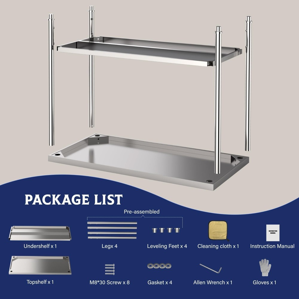 Stainless Steel Table for Prepwork 36x24″ Commercial Table Adjustable Undershelf