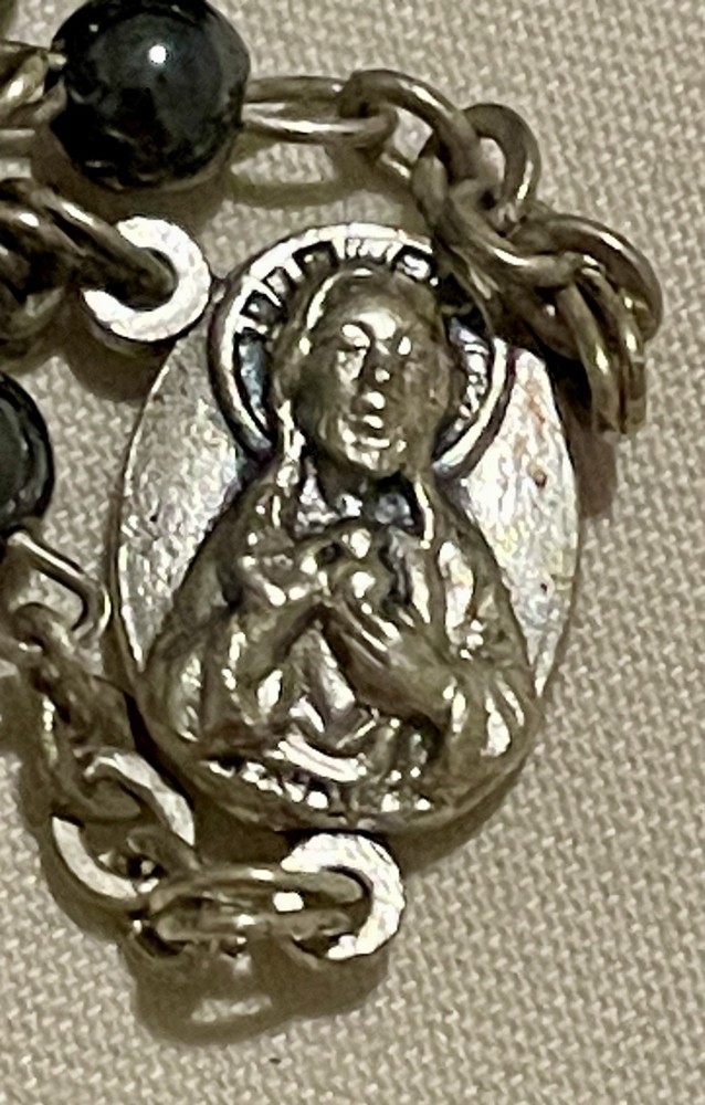 Catholic Hematite Rosary W/ Double Medallion Featuring Mary/Child, St Augustine