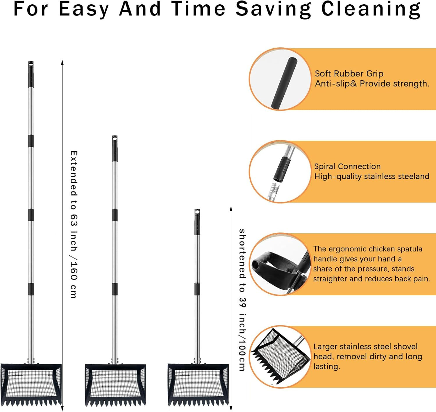 12" Metal Chicken Poop Scooper Rake for Sand with 24 to 68" Handle, Adjustable C