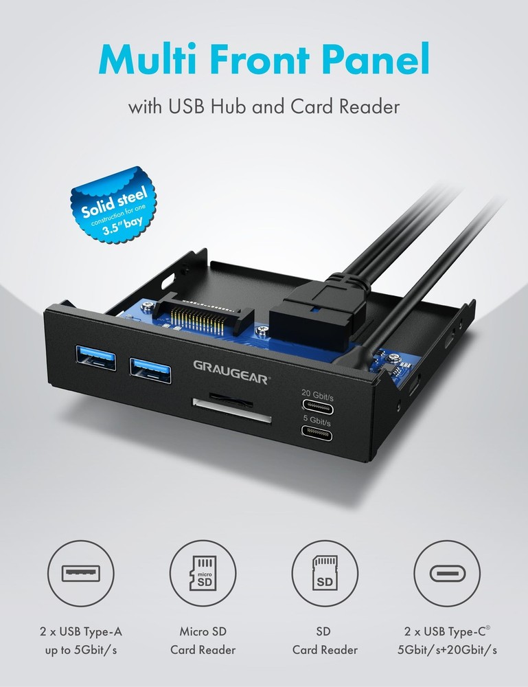 GRAUGEAR 3.5 Inch Front Panel USB C Hub, SD/microSD Internal Card Reader, 20G...