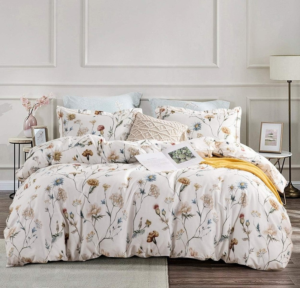 Comforter Queen Size, 600 Thread Count Cotton White Printed with Flowers