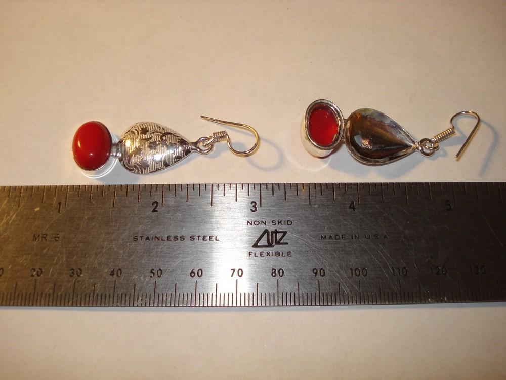 Red Oval Glass Dangle Earrings 925