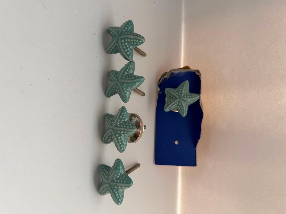 Lot of 5 blue ceramic STARFISH knobs cabinet drawer pulls