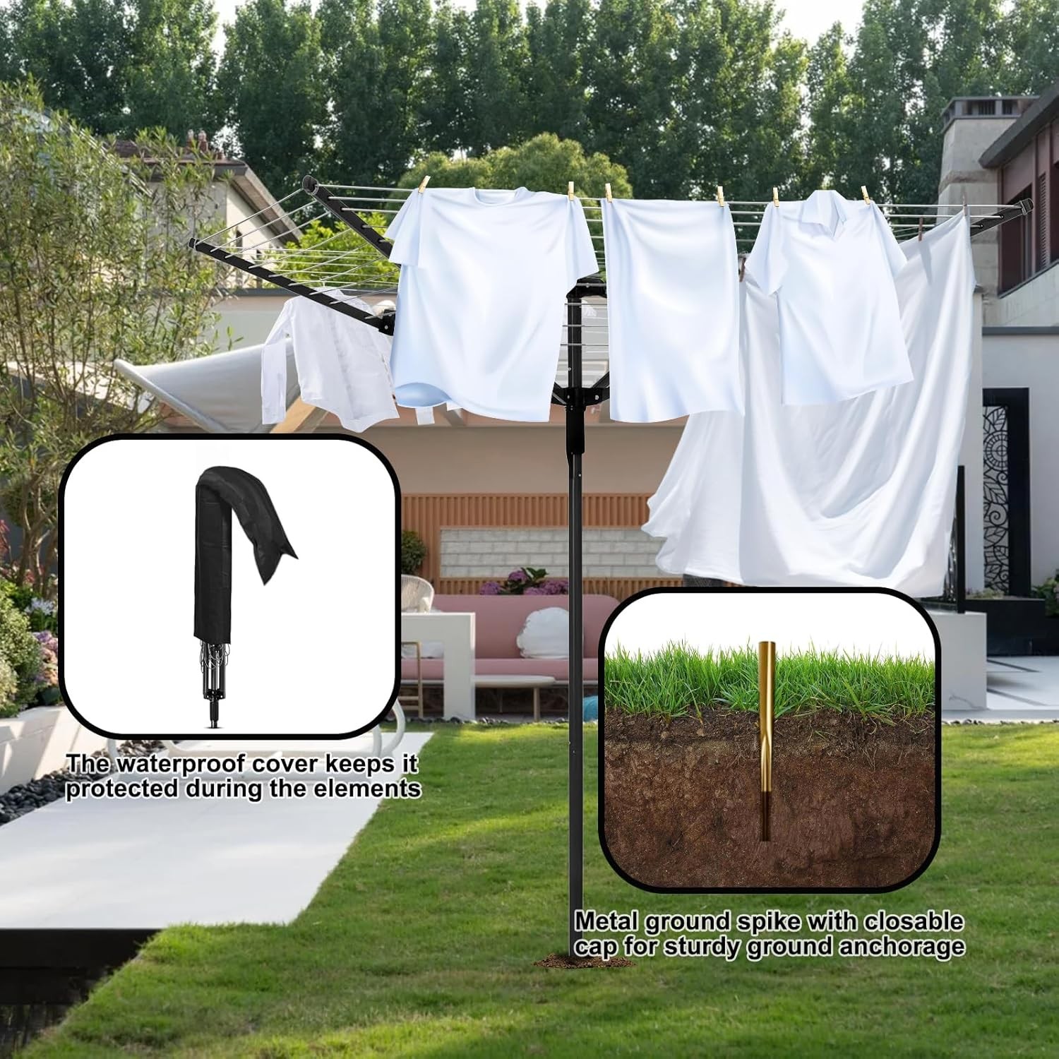 Umbrella Clothesline Outdoor Adjustable Height Drying Rack 4 Arms 12 Lines 165FT