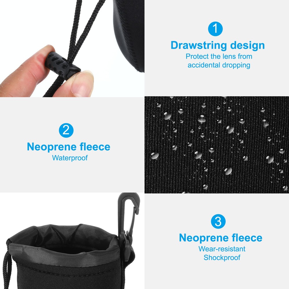 3 Pack 3" ID x 3.9" H Drawstring Lens Pouch Black