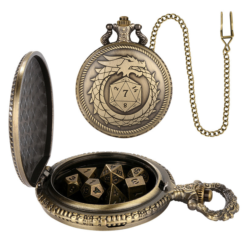 7Pcs Dnd Dungeons & Dragons Polyhedral Dice Set in Dragon D20 Pocket Watch Case