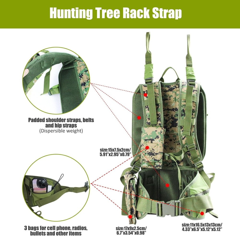 Tree Stand Carrier Backpack with Padded Straps, 8 Connection Points & 3 Pocke...