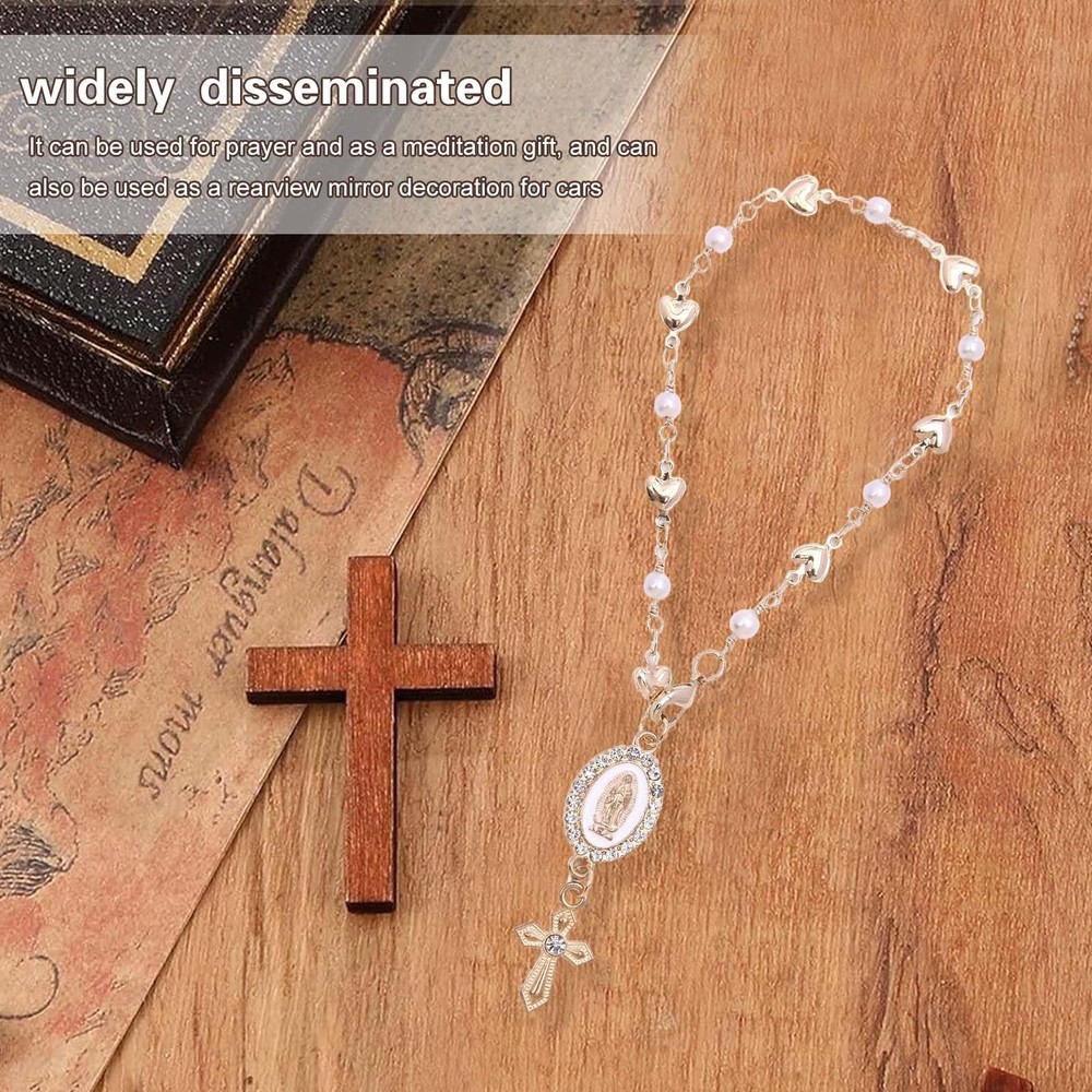 Steering Wheel Rosary Charm, Accessory with Small, White