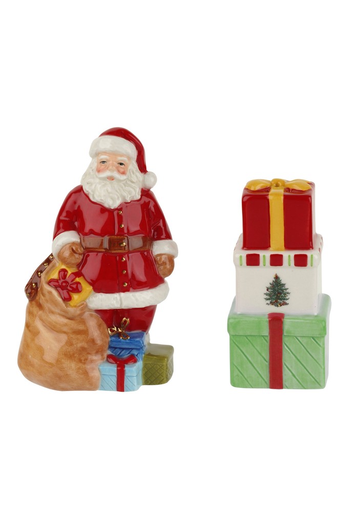 Spode Christmas Tree Salt & Pepper Set, Earthenware Figurines Santa & Giftboxes