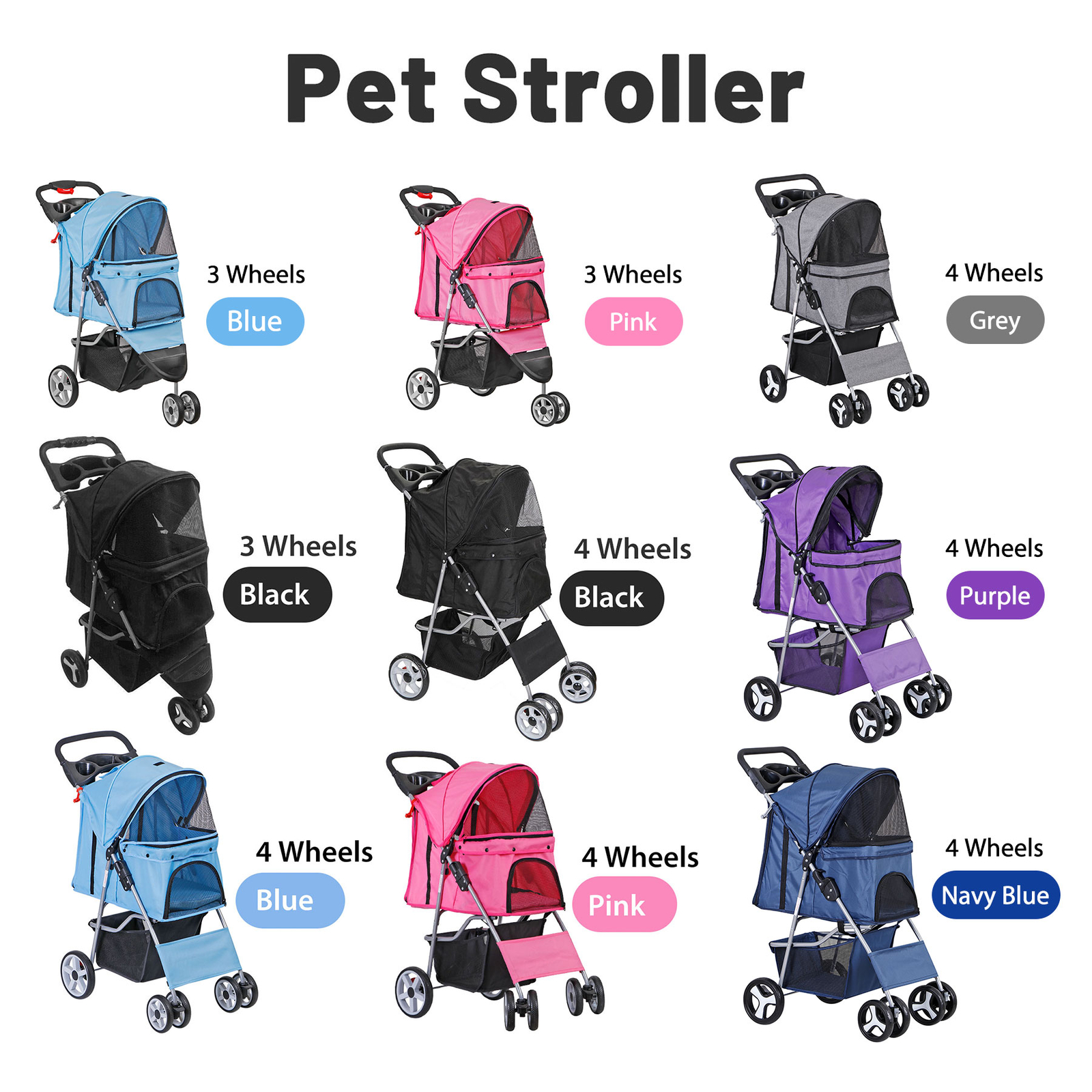 3/4 Wheels Foldable Dog Stroller Pet Travel Carriage for Pets with Carrier Cart