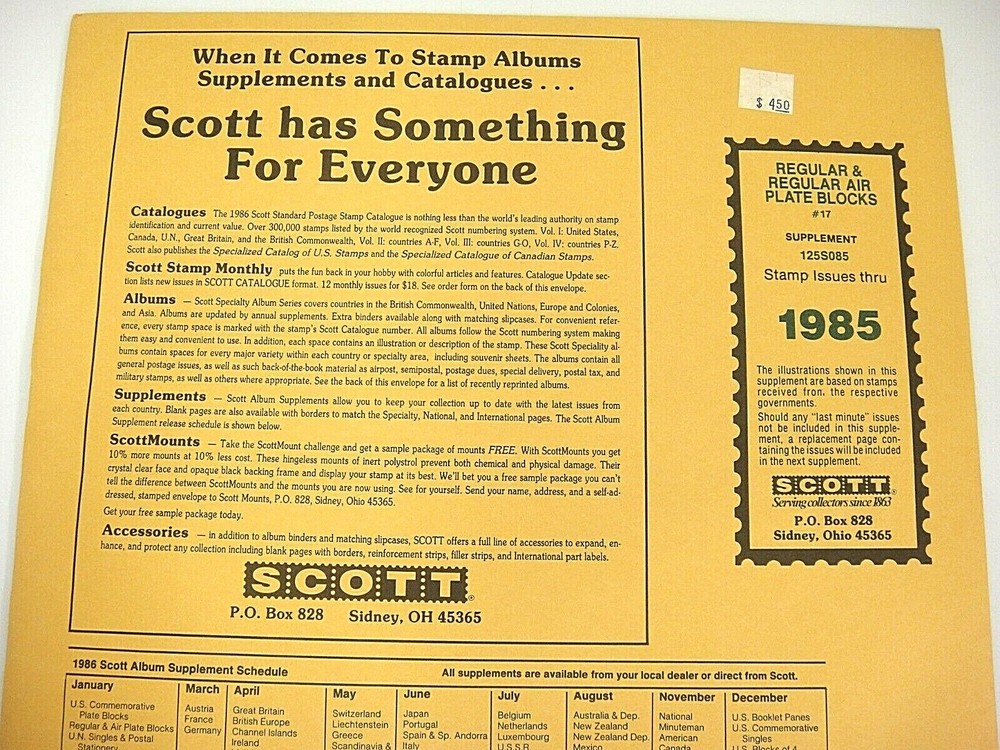 Scott 1985 US Regular & Air Plate Block Stamp Supplement #17 125S085 NOS