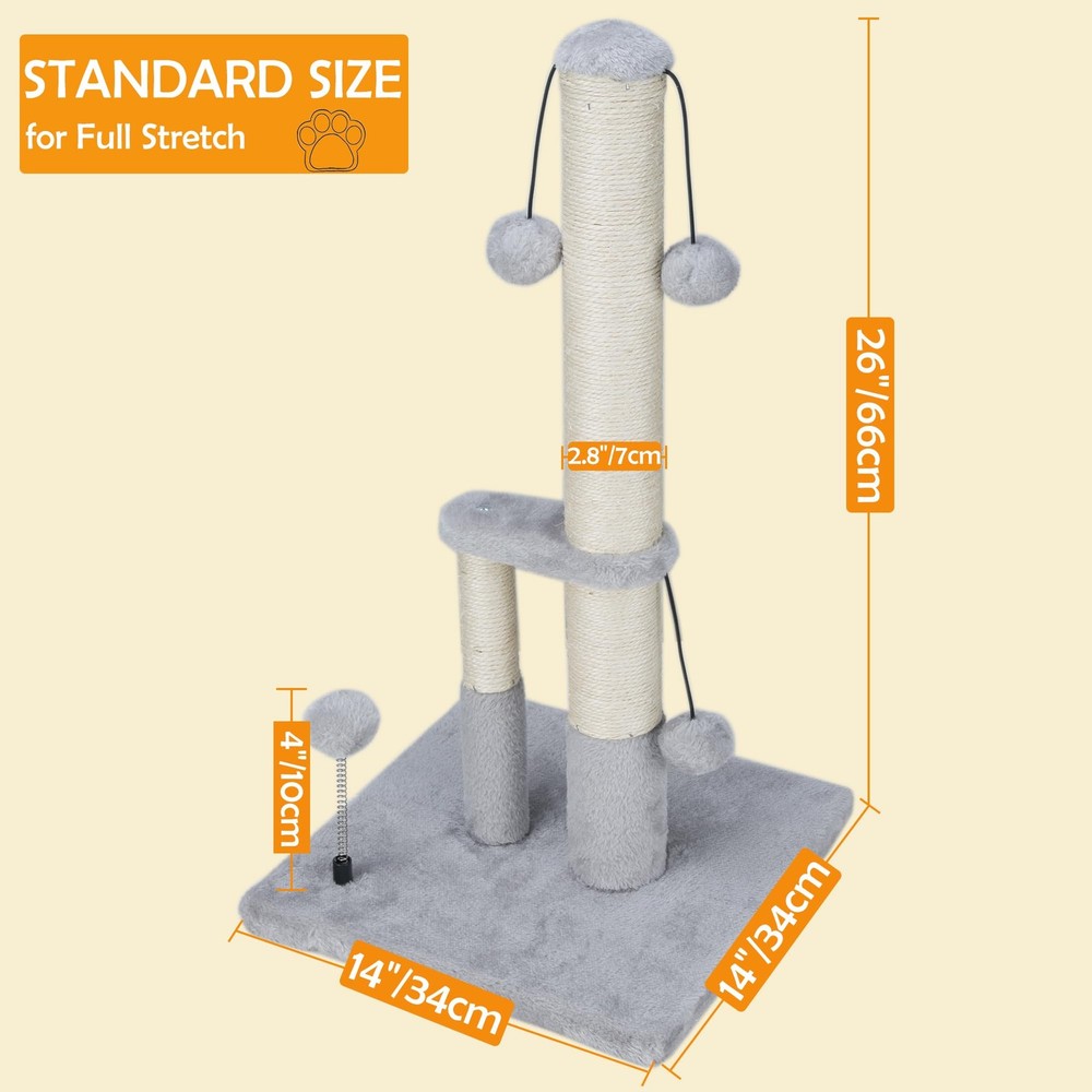 Dimaka Tall Cat Scratching Post, Double Lower Posts Extra Stable Grey