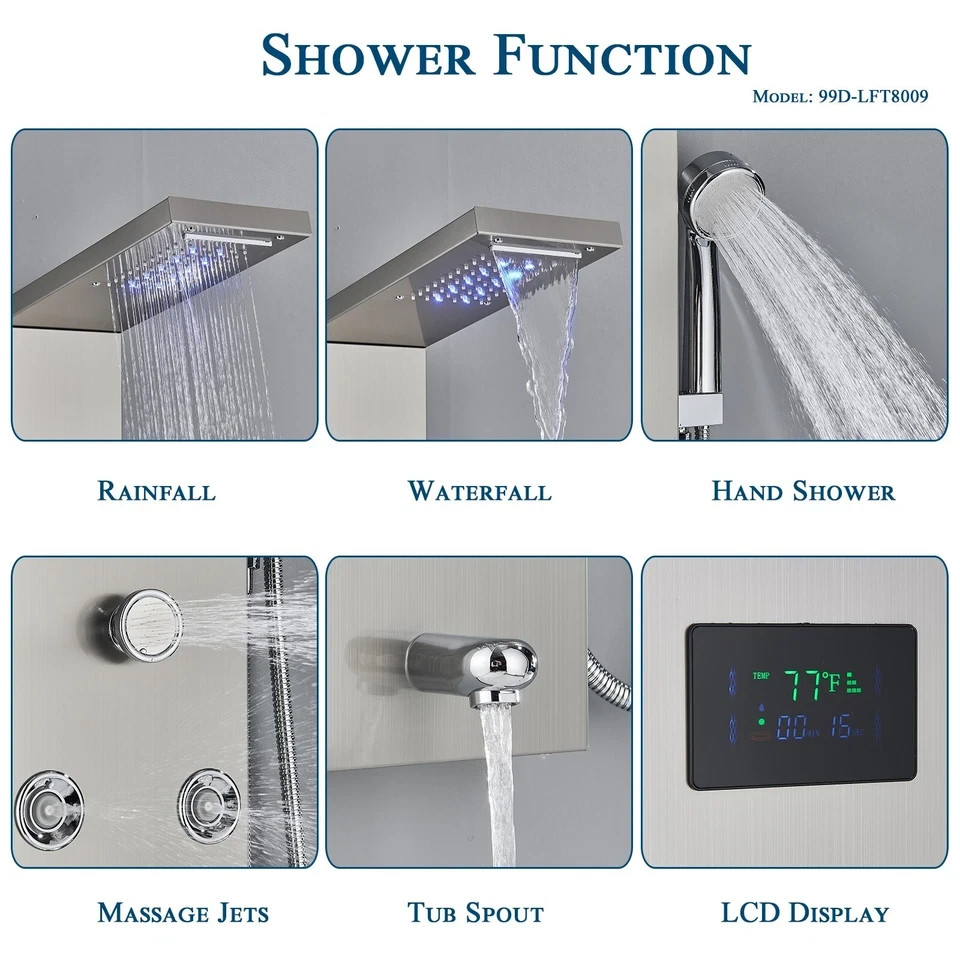 Rain Shower Panel Tower System Stainless Steel 6-Function Faucet LED Shower Head