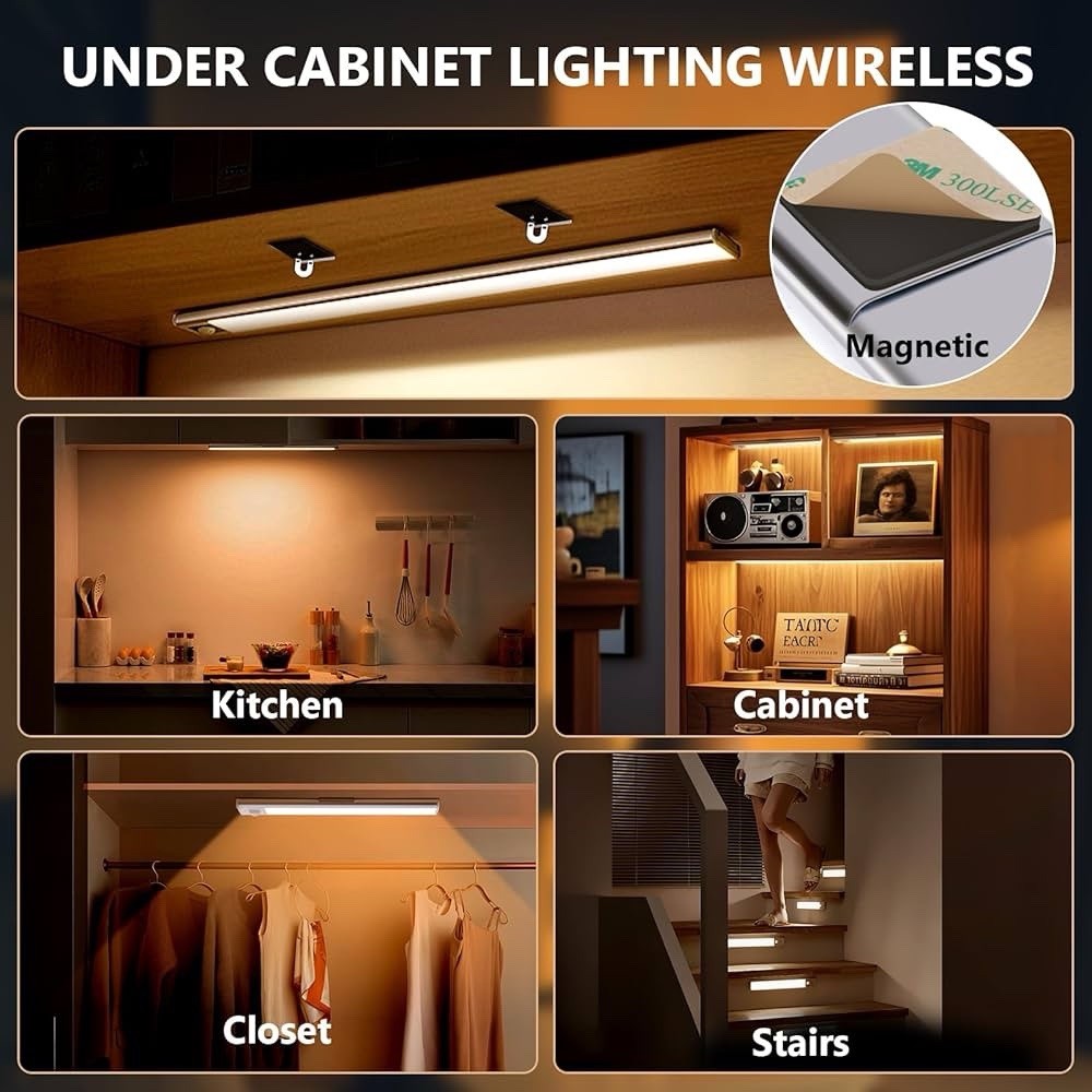 4-Pack LED Under Cabinet Lights, Rechargeable Motion Sensor, 3 Color Dimmable