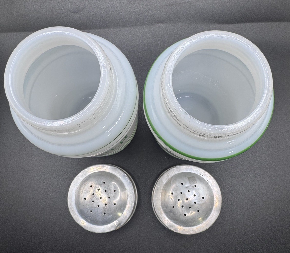 HAZEL ATLAS White Milk Glass Green Letters 1940s Ribbed Salt Pepper Shakers Set