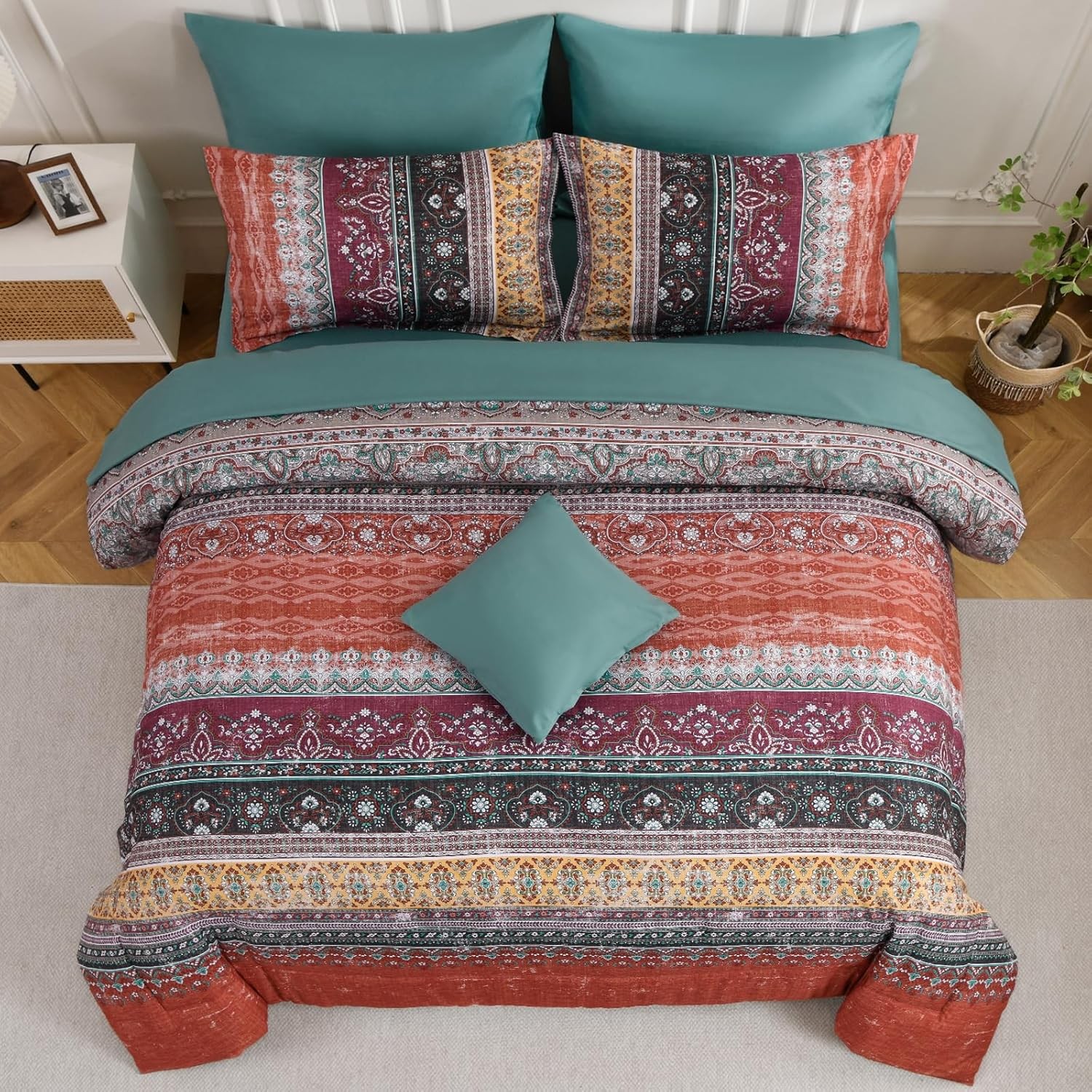 Boho Comforter Set Paisley Floral Striped Microfiber All Seasons 8-Pcs in a Bag
