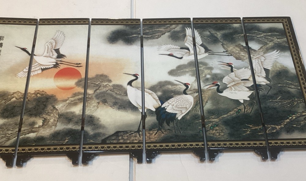 6 Panel Divider Mini Folding Screen Chinese Lacquerware Pine And Crane
