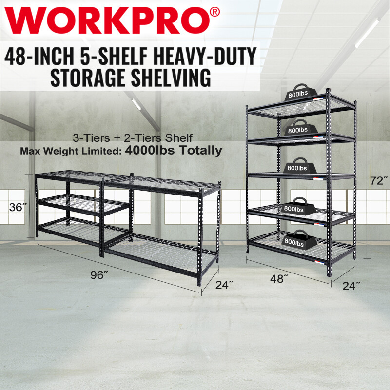 WORKPRO 5-Tier Metal Storage Shelving Unit 24"D x 48"W x 72"H Storage Rack Shelf