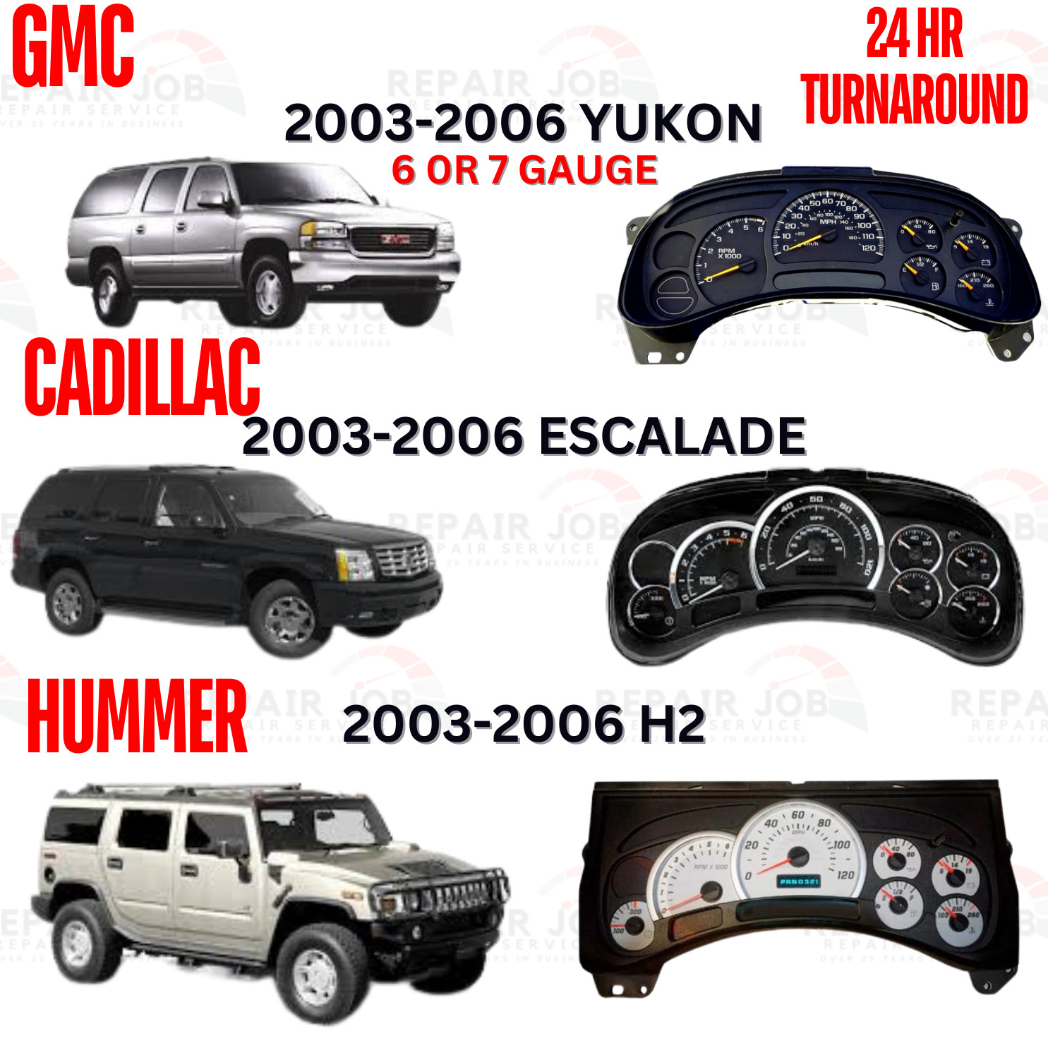 03-07 GM Chevy Sierra Silverado Tahoe Dash Cluster Full Rebuild Repair Service .