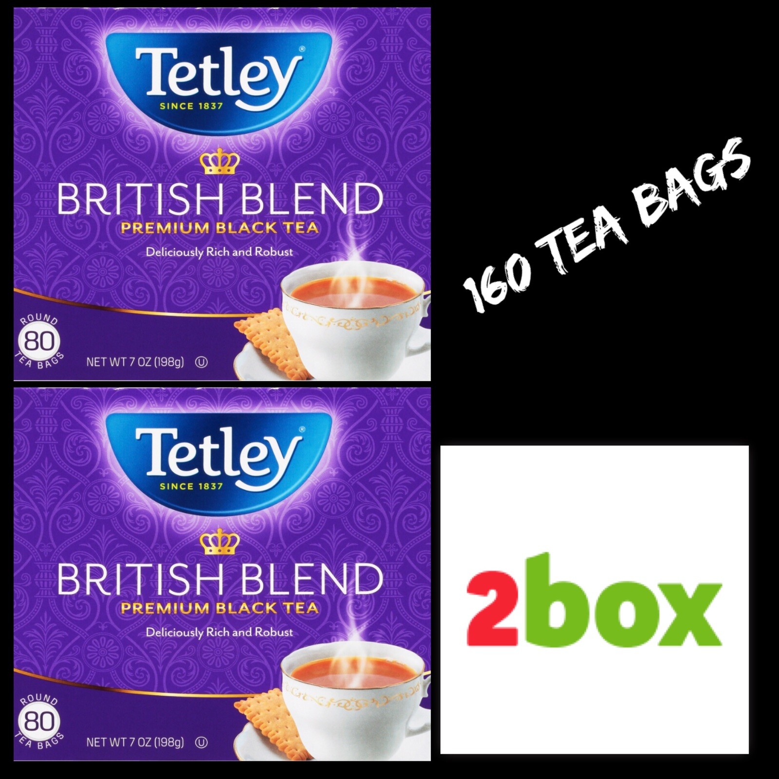 2 Box Tetley British Blend Premium Black Tea 160 Bags Deliciously Rich & Robust