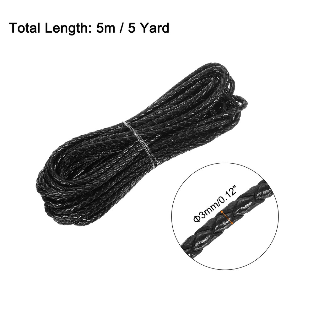 Faux Leather Braided Cord Leather String, 3mm x 5m, Black
