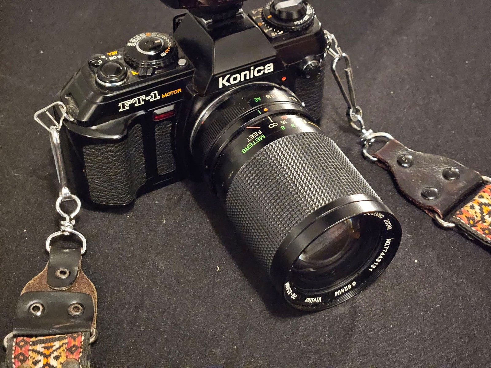 Konica FT-1 Motor 35mm Film Camera w/ Vivitar 70-150mm Lens & Sunpak Flash Test