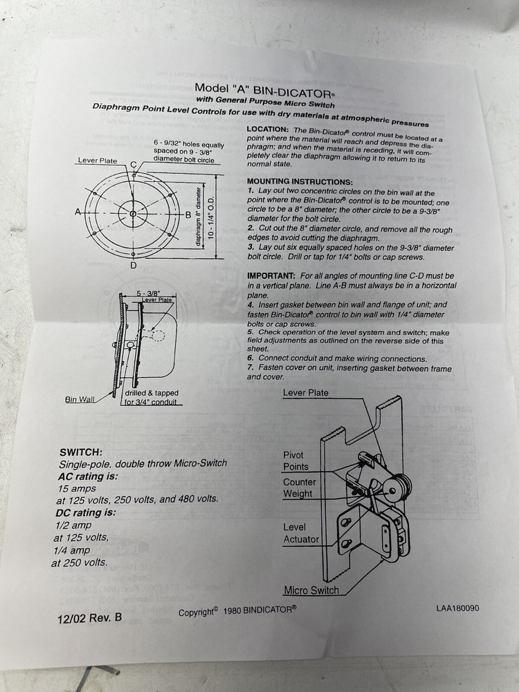NEW LAA10NLCV BIN-DICATOR DIAPHRAGM LEVEL SWITCH LIGHT NEOPRENE 10NLCV MODEL A