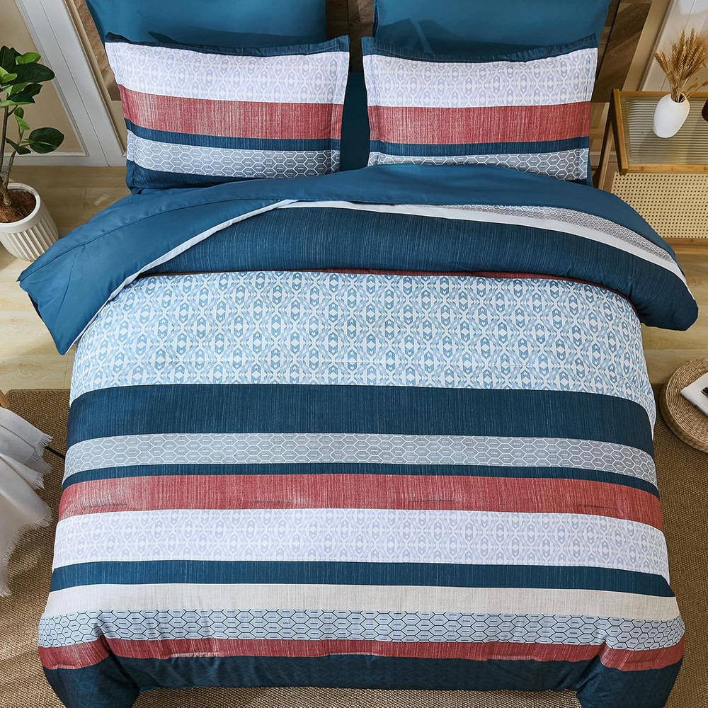 Blue Comforter Set King Size,Boho Striped Bedding Sets Bed in a Bag,7 Pieces Sof